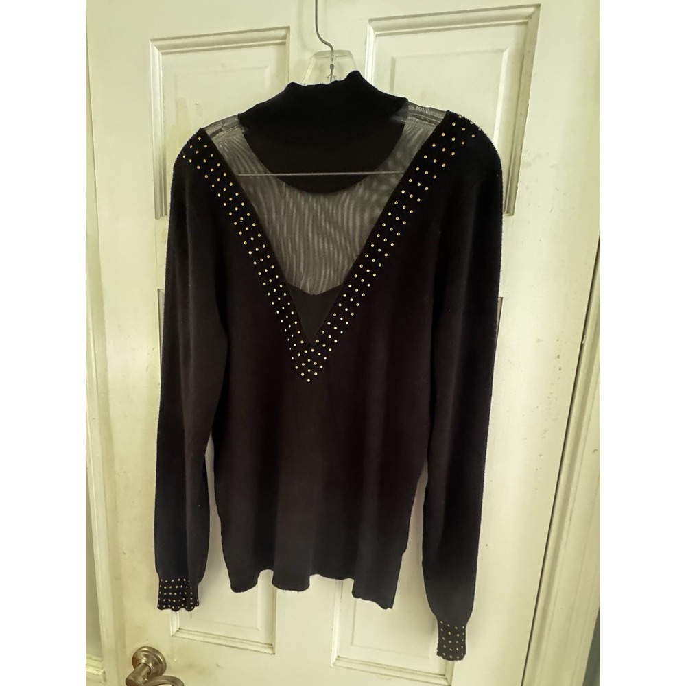 💙Venus Woman's Sz XL Black Mesh Insert‎ Metal Accents Sweater Sexy Date Night - Picture 4 of 9